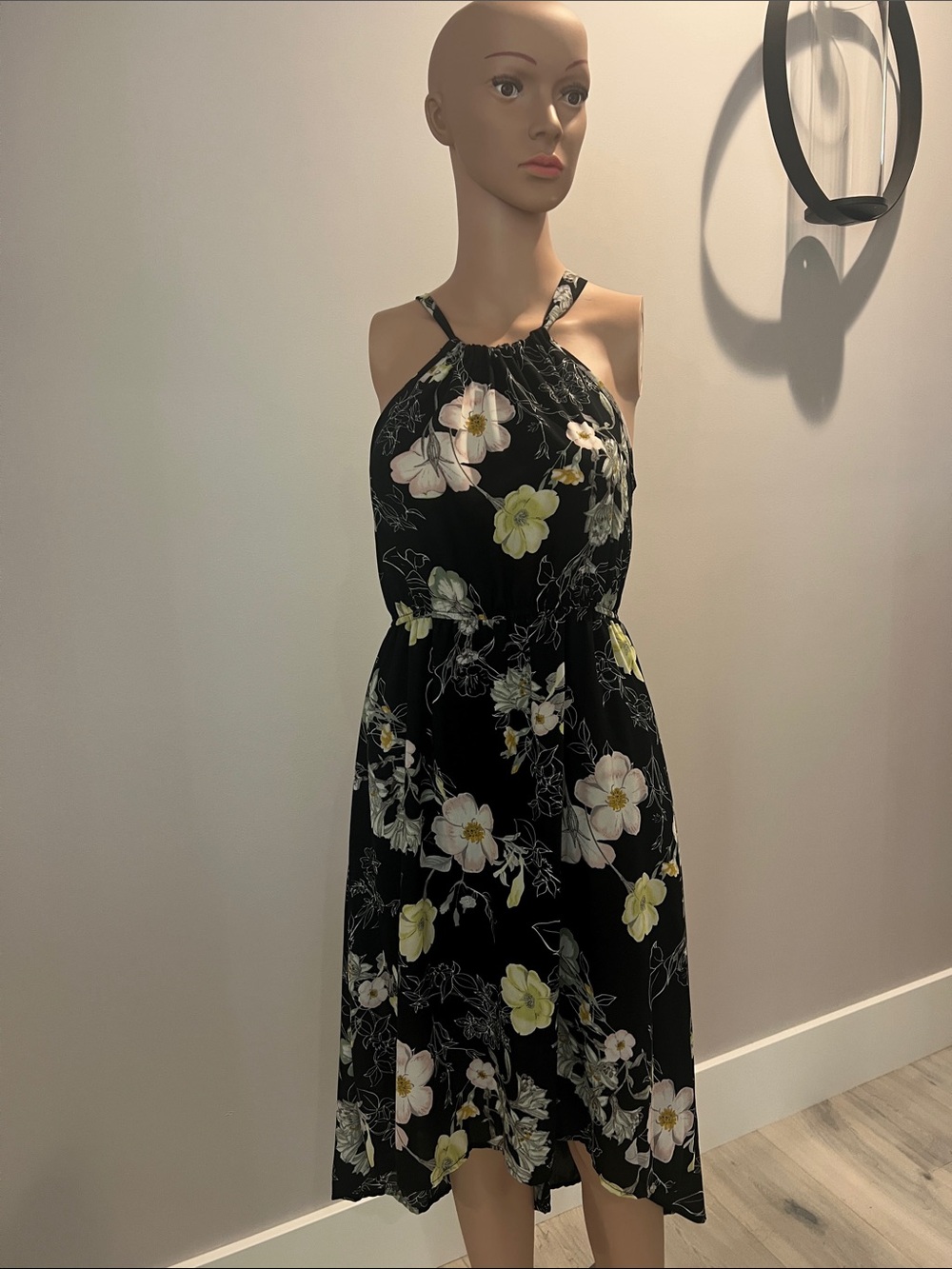 Chris & Carol Black Halter Midi Dress with Yellow & White Floral Print